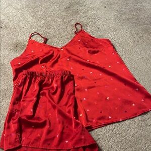 Red Heart Patterned Satin Pajama Set